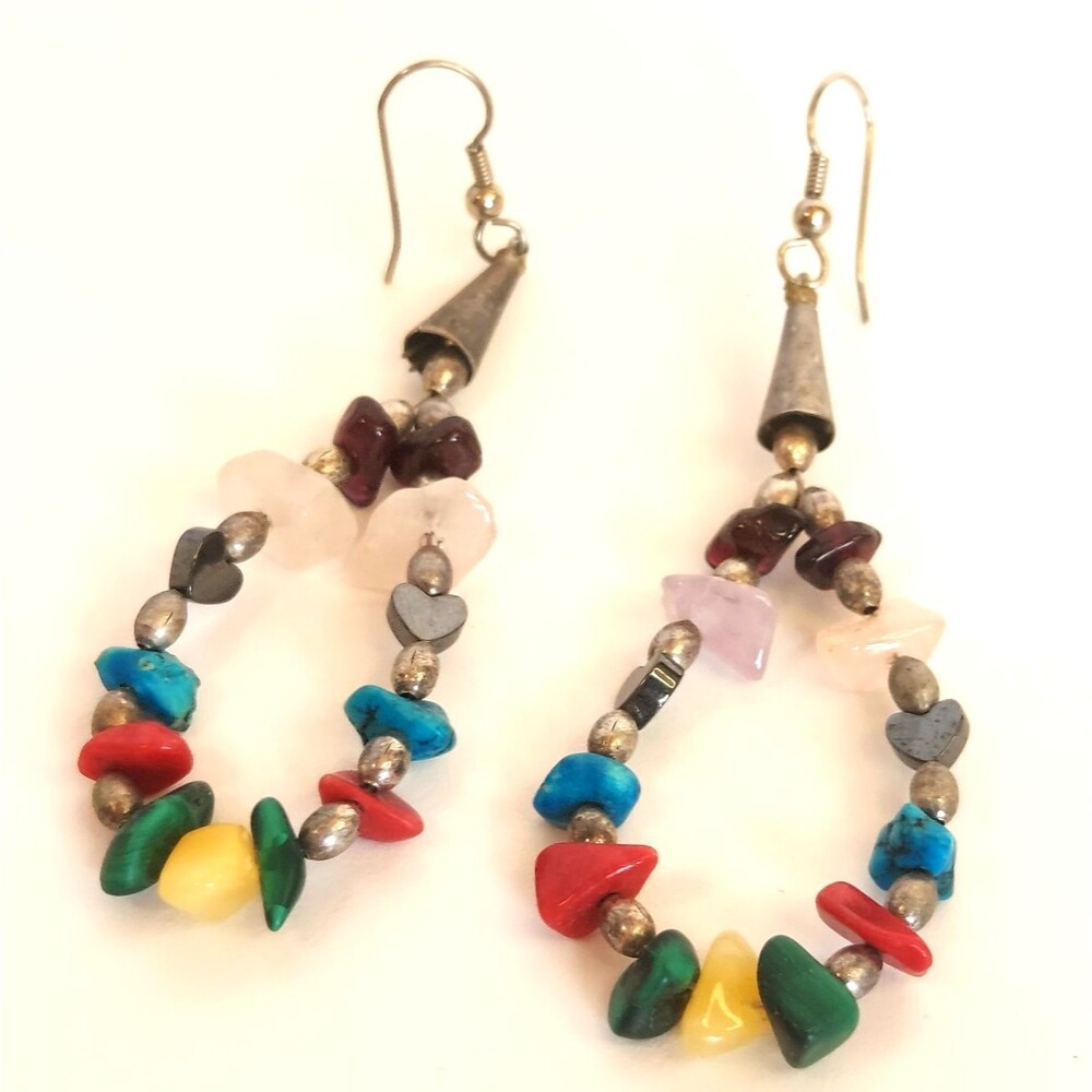 Native American Natural Stones w silver separators dangle hook Earrings